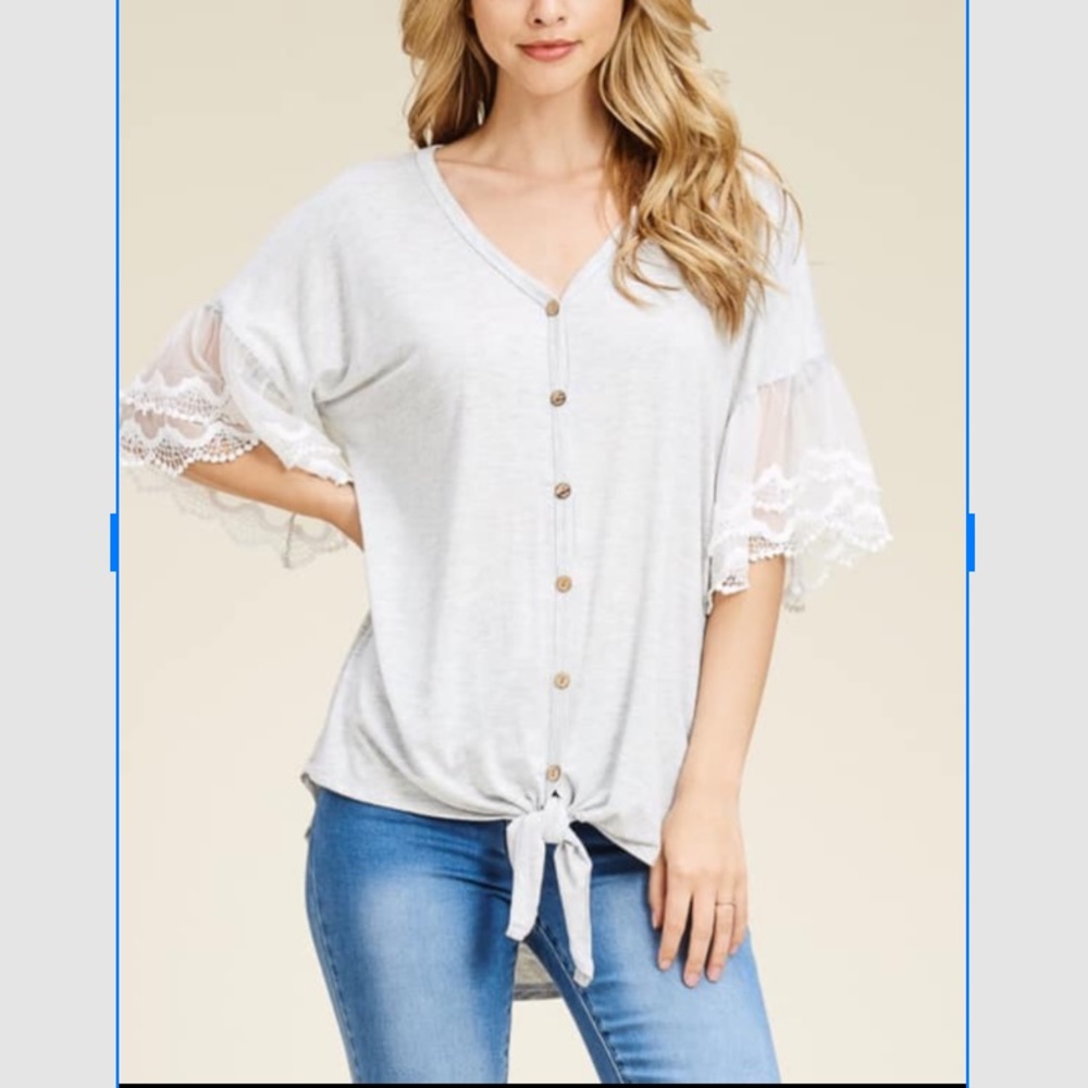 Heather grey top with lace sleeves.